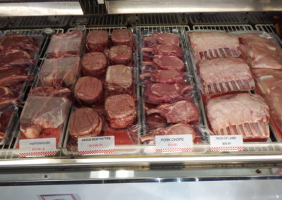 porterhouse steak, angus beef patties, pork chops, chicken, lamb